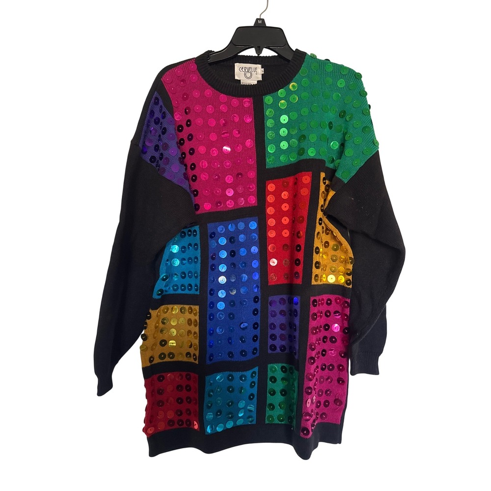 Vintage Cervelle Sequin Colorblock Sweater Womens Large Ramie Cotton 6322L